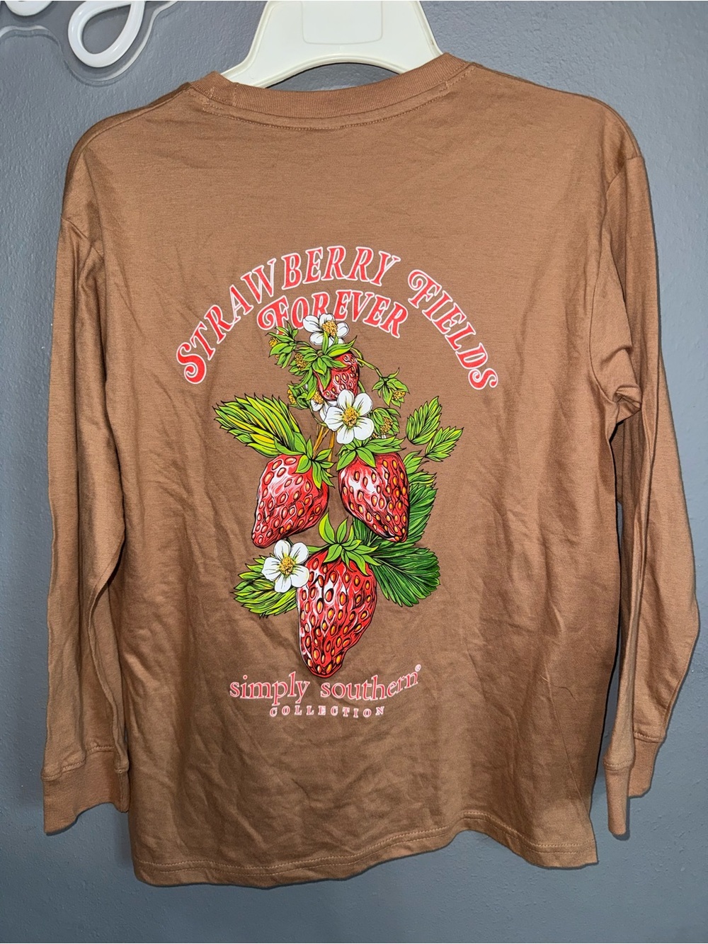 Simply Southern Brown Long Sleeve Tee with Pink & Green Strawberry Graphic